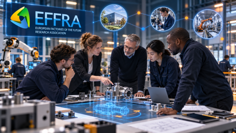 European manufacturing researchers and engineers collaborating around a digital model of connected factories.