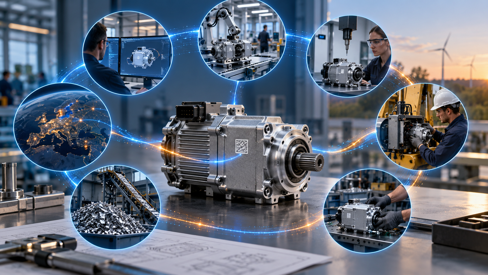 Industrial component connected through a digital data thread to manufacturing, service, reuse and recycling stages.