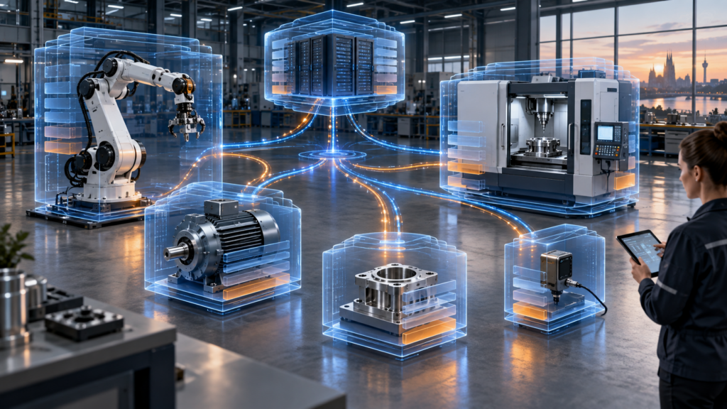 Different industrial machines and components surrounded by connected translucent digital representations.