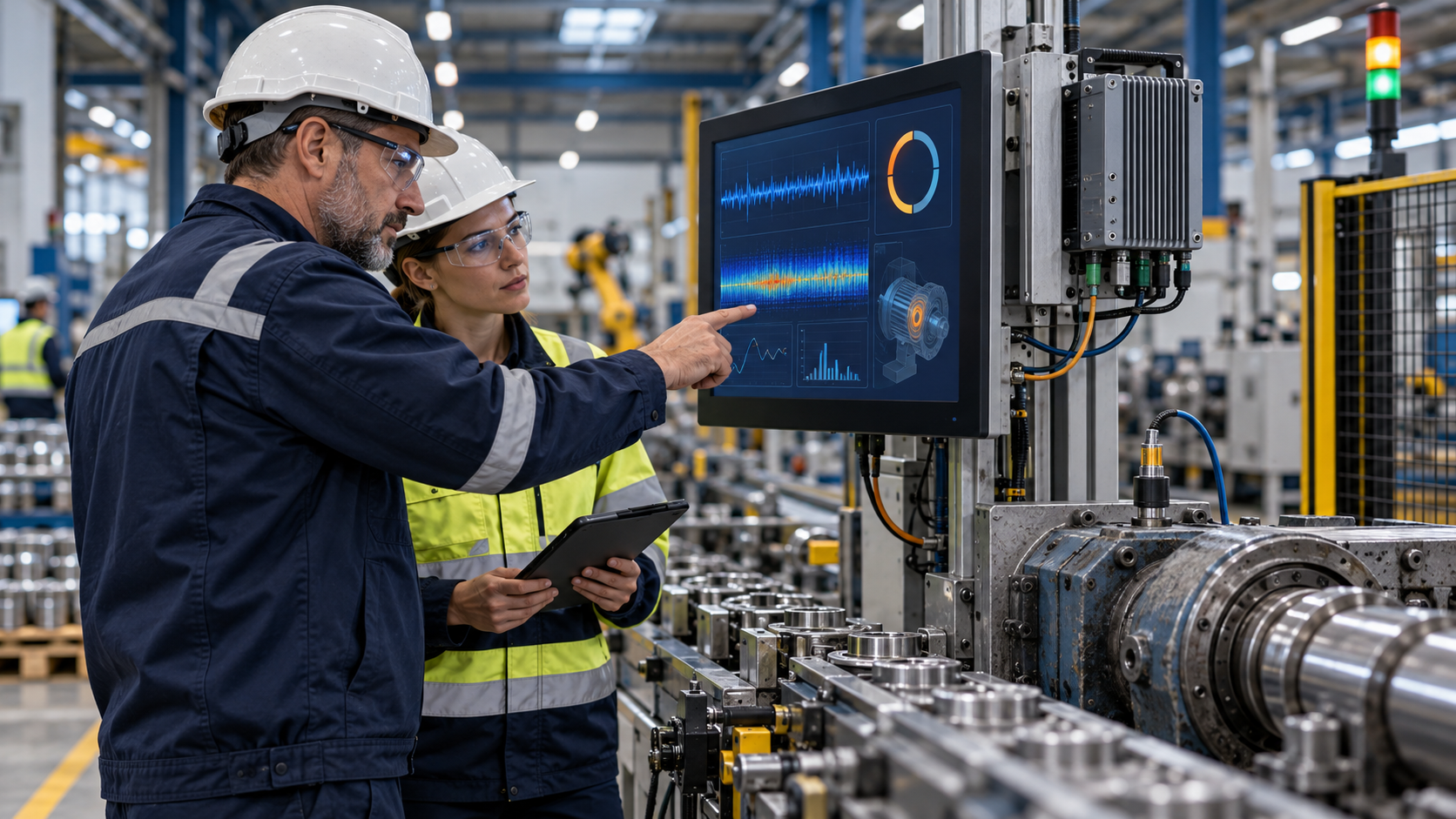 Industrial AI in a manufacturing environment with an engineer monitoring machine and production data