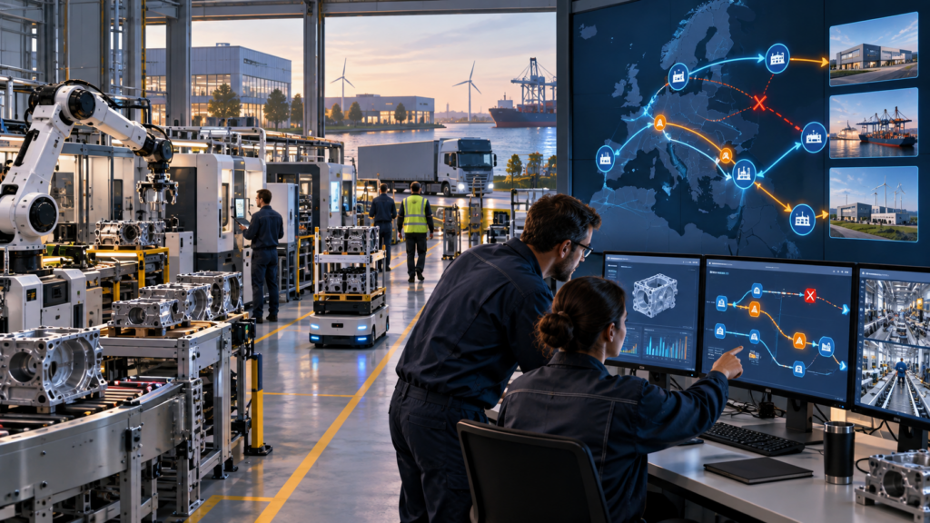 Connected factories rerouting material, energy and data flows while workers coordinate an adaptive response to disruption.
